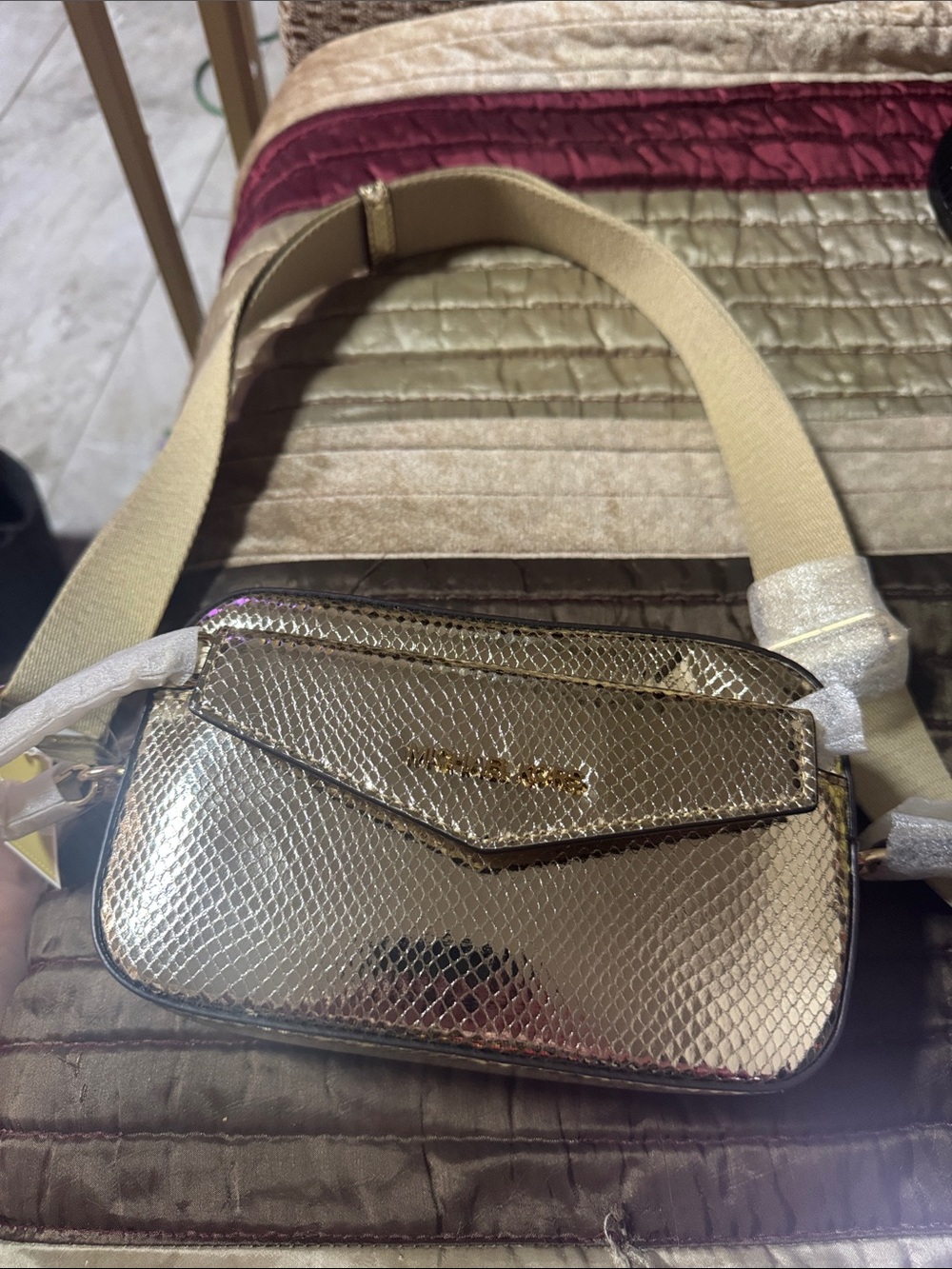 Michael Kors Metallic Gold Faux Snake-Embossed Crossbody with Beige Strap